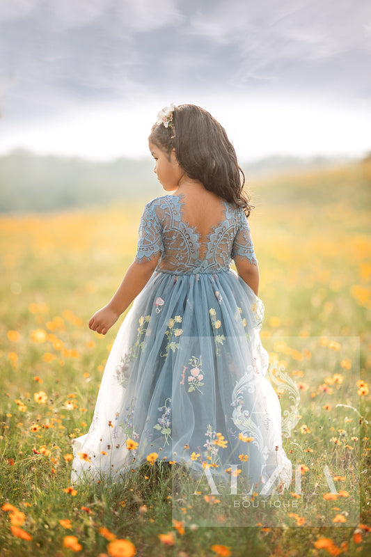 Blue Grey Short Sleeves Floral Embroidered Tulle Flower Girl
