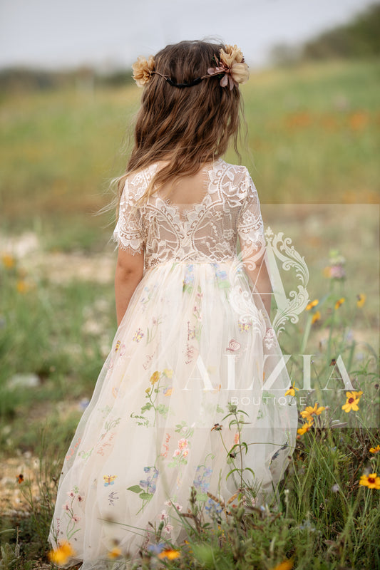 Champagne Short Sleeves Floral Embroidered Tulle Flower Girl