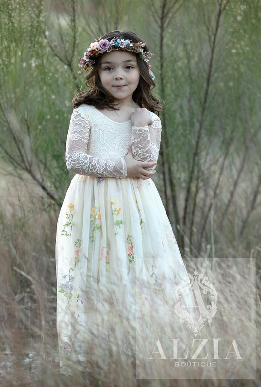 Champagne Long Sleeves Floral Embroidered Tulle Flower Girl