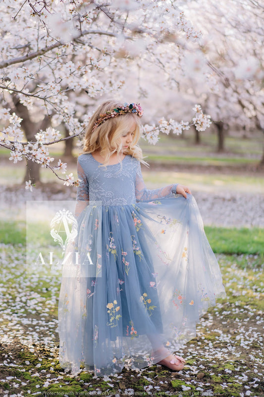 Blue Grey  Long Sleeves Floral Embroidered Tulle Flower Girl